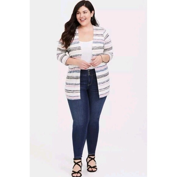 Torrid Multi Stripe Slub Knit Cardigan Size 1X Open 3/4 Sleeved Lightweight - Picture 1 of 11